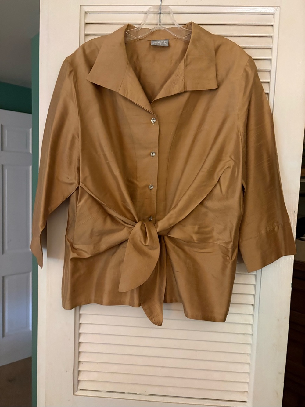 Button-Front Tie-Waist Blouse in gold silk
